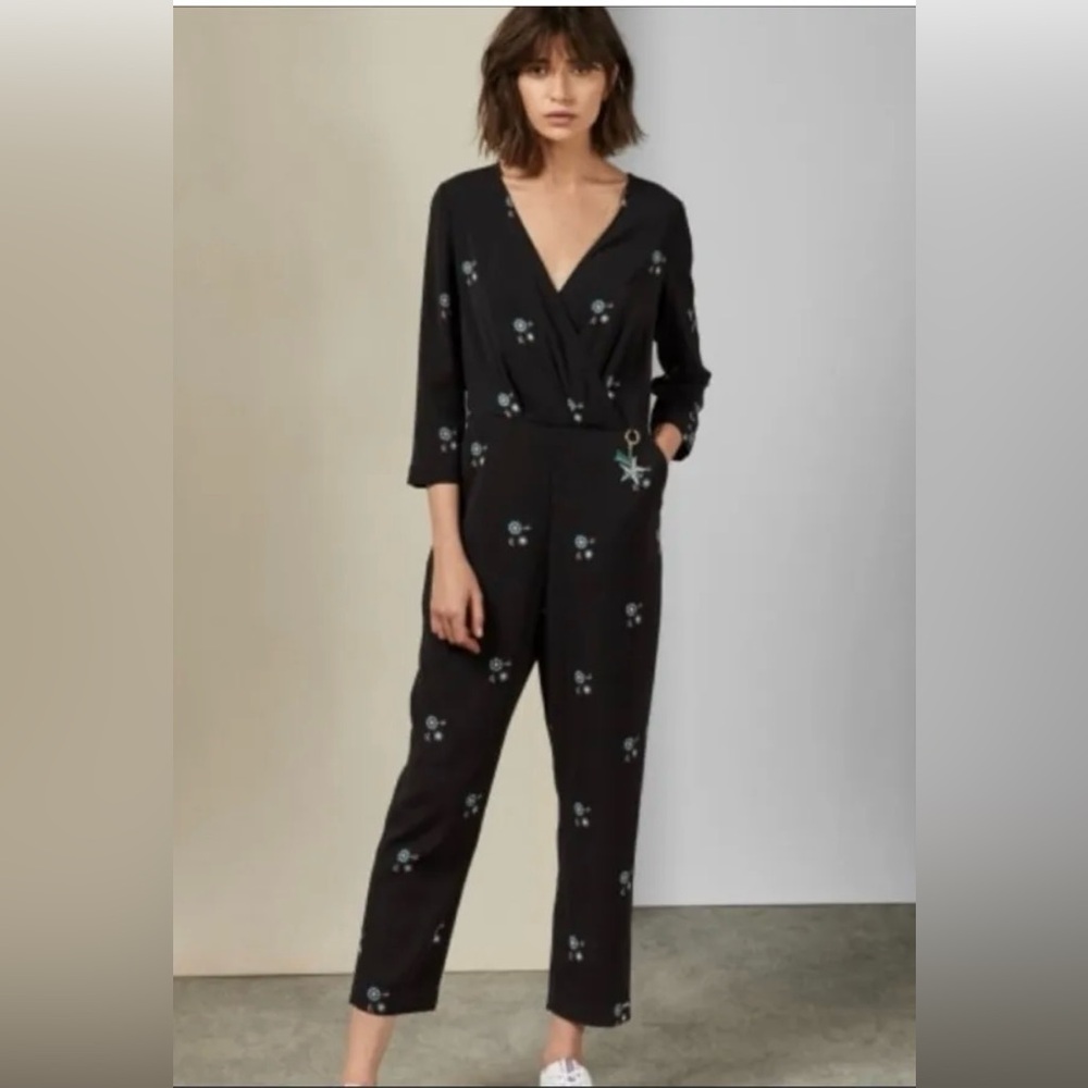 Ted Baker Black Jumpsuit with Subtle Blue Floral Print